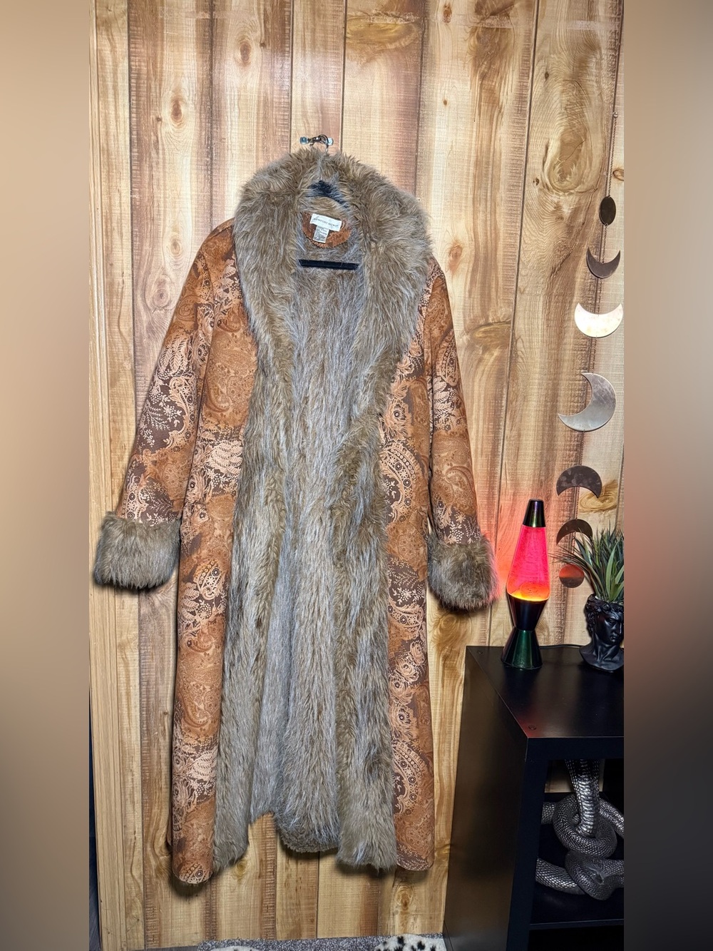 Newport News Brown Paisley Teddy Coat with Faux Fur Trim - Picture 7 of 14